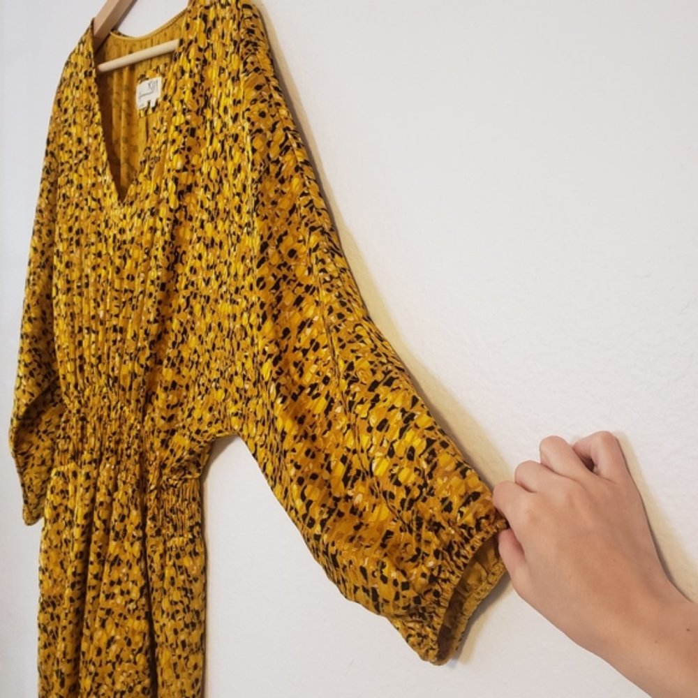 Anthropologie Marigold Smocked Waist Yellow 3/4 Sleeves Large V-neck Midi Dress - Picture 4 of 8